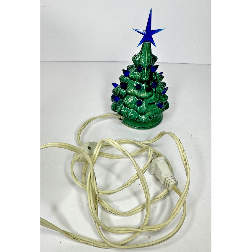 VTG Ceramic Light Up Christmas Tree Blue 5" Star Tested Working